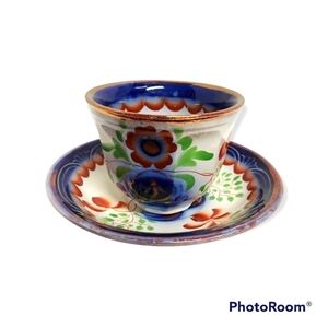 Antique Gaudy Welsh Ironstone Flow Blue Luster Floral Poppy Copper Cup Saucer